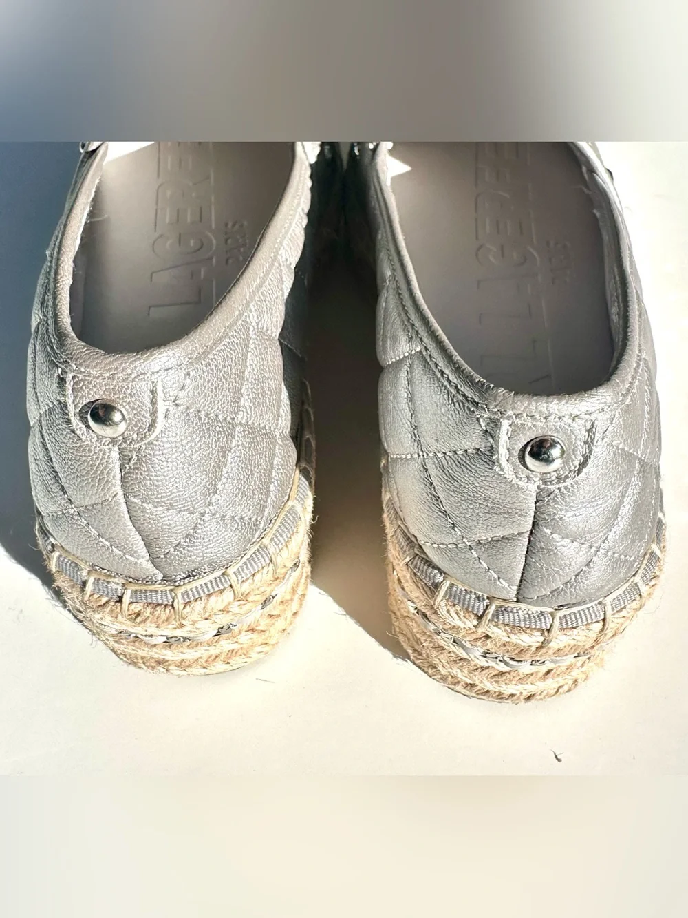 Karl Lagerfeld Desta Quilted Pearl-Accent Silver Espadrille Slip-On, 37, 6.5